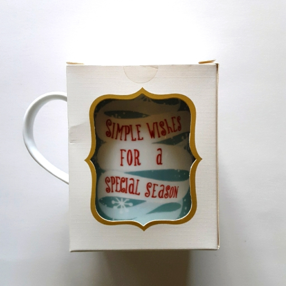 Holiday porcelain mug with colors of red,white& sky blue